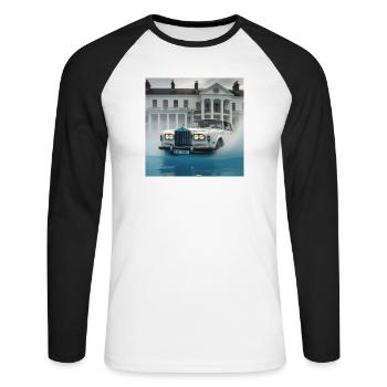 Oldtimer in beleuchteter Wasserfontänenszene - Unisex Baseballshirt langarm - Weiß/Schwarz - Vorne - Nik (191cm)