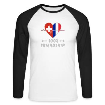 100 % amitié entre la Suisse et la France - T-shirt baseball manches longues Homme - blanc/noir - Devant - Nik (191cm)