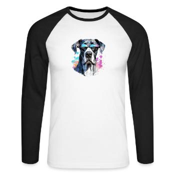 Dogue allemand avec lunettes de soleil - T-shirt baseball manches longues Homme - blanc/noir - Devant - Nik (191cm)