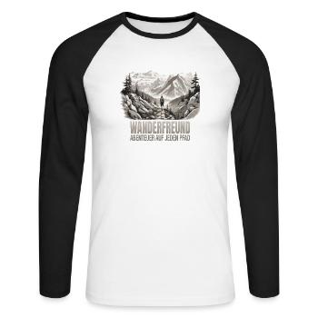 Abenteuer auf jeden Pfad - Unisex Baseballshirt langarm - Weiß/Schwarz - Vorne - Nik (191cm)