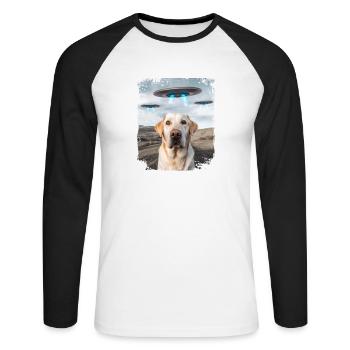 Labrador Retriever Dog Selfie with Alien UFOs. - Unisex Long Sleeve Baseball T-Shirt - white/black - Front - Nik (191cm)