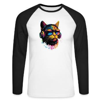 Katze Sonnenbrille Kopfhörer Musik Bunt DJ Katzen - Unisex Baseballshirt langarm - Weiß/Schwarz - Vorne - Nik (191cm)