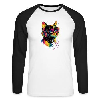 Chat Lunettes de soleil Casque Musique Coloré DJ Chats - T-shirt baseball manches longues Homme - blanc/noir - Devant - Nik (191cm)