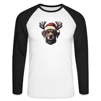 Chien avec chapeau de Noël et bois de Noël - T-shirt baseball manches longues Homme - blanc/noir - Devant - Nik (191cm)