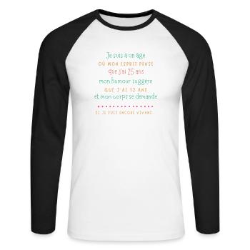 Âge et humour esprit jeune - T-shirt baseball manches longues Homme - blanc/noir - Devant - Nik (191cm)