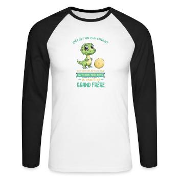 Dino mignon, Grand frère arrive - T-shirt baseball manches longues Homme - blanc/noir - Devant - Nik (191cm)