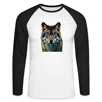 The Sapphire Gaze: Intensives Porträt eines Wolfes - Unisex Baseballshirt langarm - Weiß/Schwarz - Vorne - Nik (191cm)
