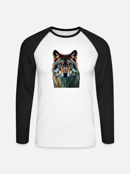 The Sapphire Gaze: Intense Portrait of a Wolf - Unisex Long Sleeve Baseball T-Shirt - white/black