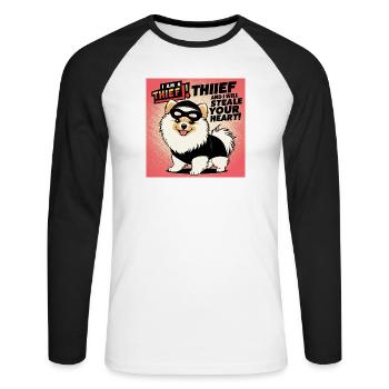 Comicstyle Pomeranian Dog "I am a thief" - Unisex Long Sleeve Baseball T-Shirt - white/black - Front - Nik (191cm)