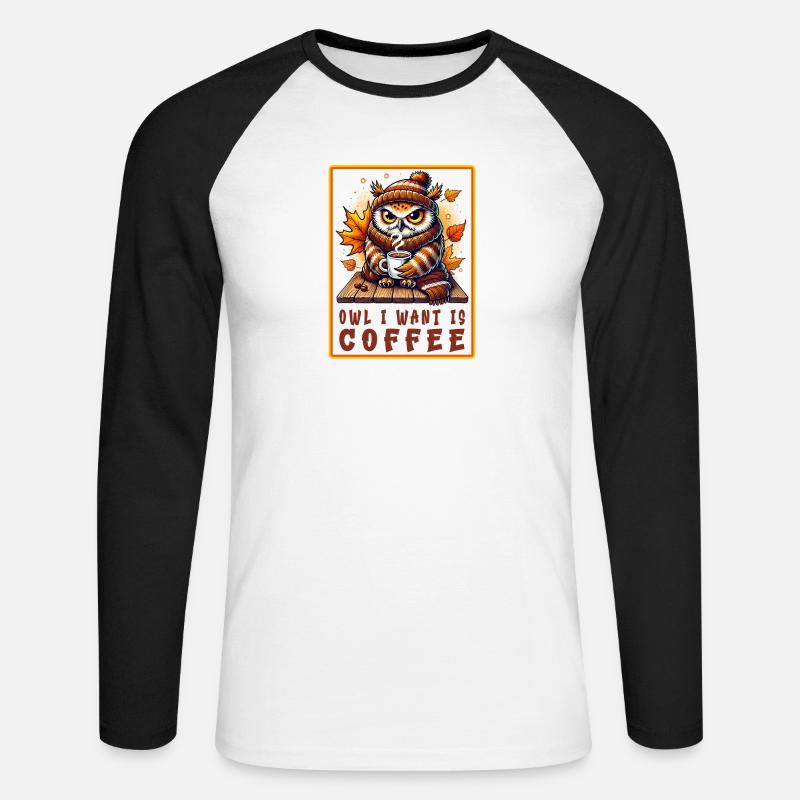 Eulen Kaffee Desgin - Unisex Baseballshirt langarm - Weiß/Schwarz