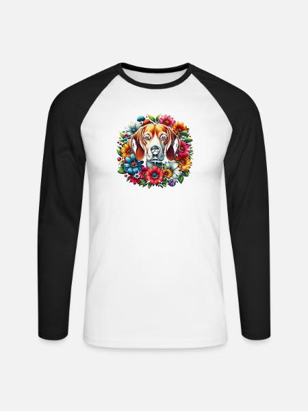 Süßer Beagle in bunten Blumen - Unisex Baseballshirt langarm - Weiß/Schwarz