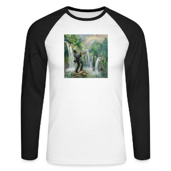 Jazz trumpeter in front of waterfalls in the jungle - Unisex Long Sleeve Baseball T-Shirt - white/black - Front - Nik (191cm)