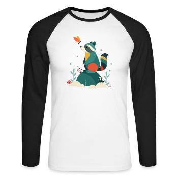 Waschbär & Schmetterling-Niedliches Waldtier-Motiv - Unisex Baseballshirt langarm - Weiß/Schwarz - Vorne - Nik (191cm)