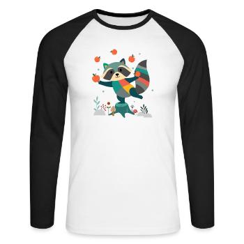 Verspielter Waschbär jongliert fröhlich mit Äpfeln - Unisex Baseballshirt langarm - Weiß/Schwarz - Vorne - Nik (191cm)