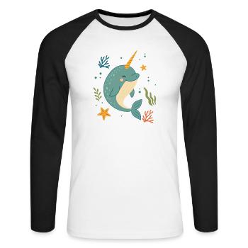 Narval dans la mer – La licorne des océans - T-shirt baseball manches longues Homme - blanc/noir - Devant - Nik (191cm)
