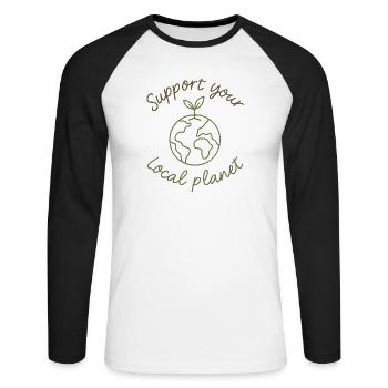 Support Your Local Planet – Eco-Style - Unisex Long Sleeve Baseball T-Shirt - white/black - Front - Nik (191cm)