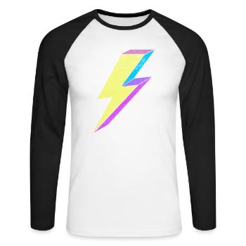 Leuchtende Lightning-Design mit Pastellfarben 80s  - Unisex Baseballshirt langarm - Weiß/Schwarz - Vorne - Nik (191cm)