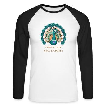 Peacock motif: Own The Spotlight with elegance and - Unisex Long Sleeve Baseball T-Shirt - white/black - Front - Nik (191cm)