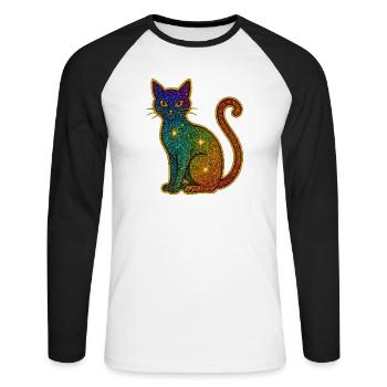 Regenbogen Glitzer Katze zu Halloween - Unisex Baseballshirt langarm - Weiß/Schwarz - Vorne - Nik (191cm)