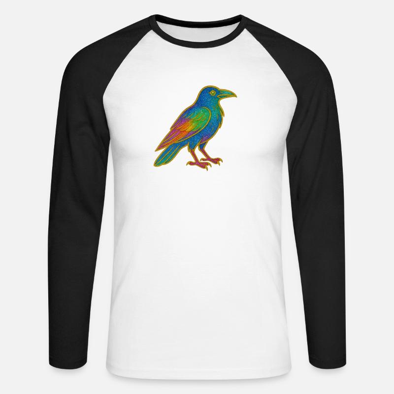 Rabe | Krähe | Regenbogen Vogel Glitzer Patch - Unisex Baseballshirt langarm - Weiß/Schwarz
