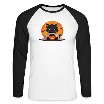 Halloween Katze mit Halloween Kürbis - Unisex Baseballshirt langarm - Weiß/Schwarz - Vorne - Nik (191cm)
