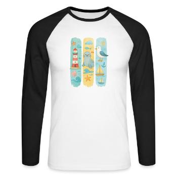 Phare maritime phoque mouette côte - T-shirt baseball manches longues Homme - blanc/noir - Devant - Nik (191cm)
