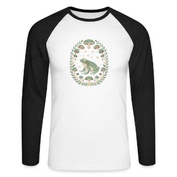 Frog and mushrooms with starry sky design - Unisex Long Sleeve Baseball T-Shirt - white/black - Front - Nik (191cm)