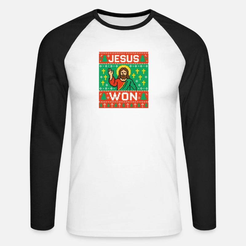 Jesus Won hässlicher Weihnachtspullover-Stil, christlich - Unisex Baseballshirt langarm - Weiß/Schwarz