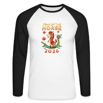 Nouvel An chinois du cheval 2026 - T-shirt baseball manches longues Homme - blanc/noir - Devant - Nik (191cm)
