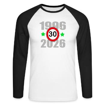Anniversaire 30, 30 ans 1996 à 2026 - T-shirt baseball manches longues Homme - blanc/noir - Devant - Nik (191cm)