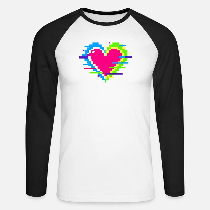 Pixelherz Neon Glitch Regenbogen - Unisex Baseballshirt langarm - Weiß/Schwarz