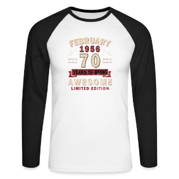 70e anniversaire – Année – février 1956 - T-shirt baseball manches longues Homme - blanc/noir - Devant - Nik (191cm)