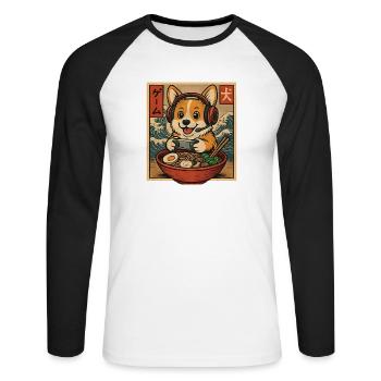 Ramen Corgi Gaming Anime Japanese Noodle Bowl - Unisex Long Sleeve Baseball T-Shirt - white/black - Front - Nik (191cm)