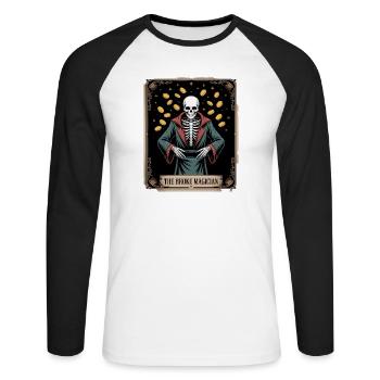The Broke Magician Skeleton Wizard with Coins - Unisex Long Sleeve Baseball T-Shirt - white/black - Front - Nik (191cm)