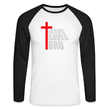 Jesus Saves Bro Funny Religious Saying Faith Logo - Unisex Long Sleeve Baseball T-Shirt - white/black - Front - Nik (191cm)