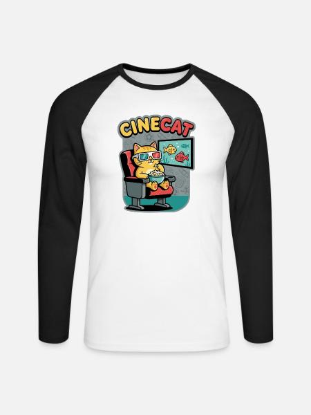 CineKat Kino-Katze Popcorn - Unisex Baseballshirt langarm - Weiß/Schwarz