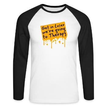 Get In Loser We're Going To Therapy Therapie Logo - Unisex Long Sleeve Baseball T-Shirt - white/black - Front - Nik (191cm)