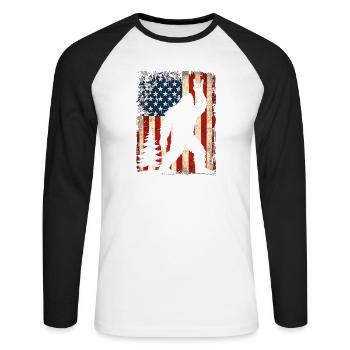 Bigfoot Rock sur le bouclier, Sasquatch Yeti Drapeau USA - T-shirt baseball manches longues Homme - blanc/noir - Devant - Nik (191cm)