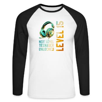 15th Birthday Boy Girl Teenager Level 15 - Unisex Long Sleeve Baseball T-Shirt - white/black - Front - Nik (191cm)