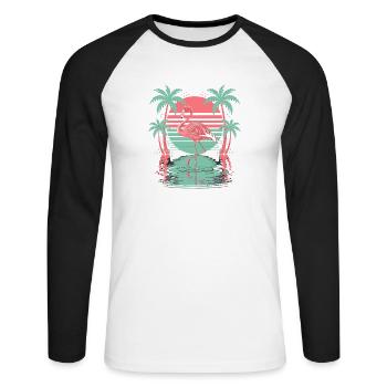 Tropische Flamingo Palmen Wasser Sonnenuntergang - Unisex Baseballshirt langarm - Weiß/Schwarz - Vorne - Nik (191cm)