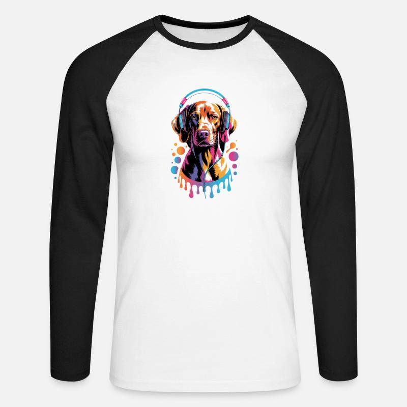 Viszla mit Kopfhörer - Unisex Baseballshirt langarm - Weiß/Schwarz
