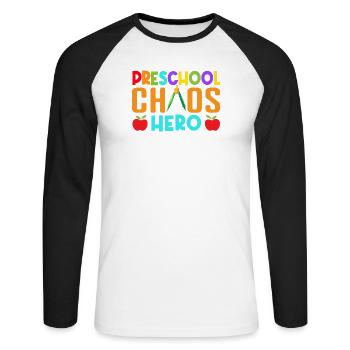 Pre K Teacher Chaos Hero Kindergarten Teacher - Unisex Long Sleeve Baseball T-Shirt - white/black - Front - Nik (191cm)