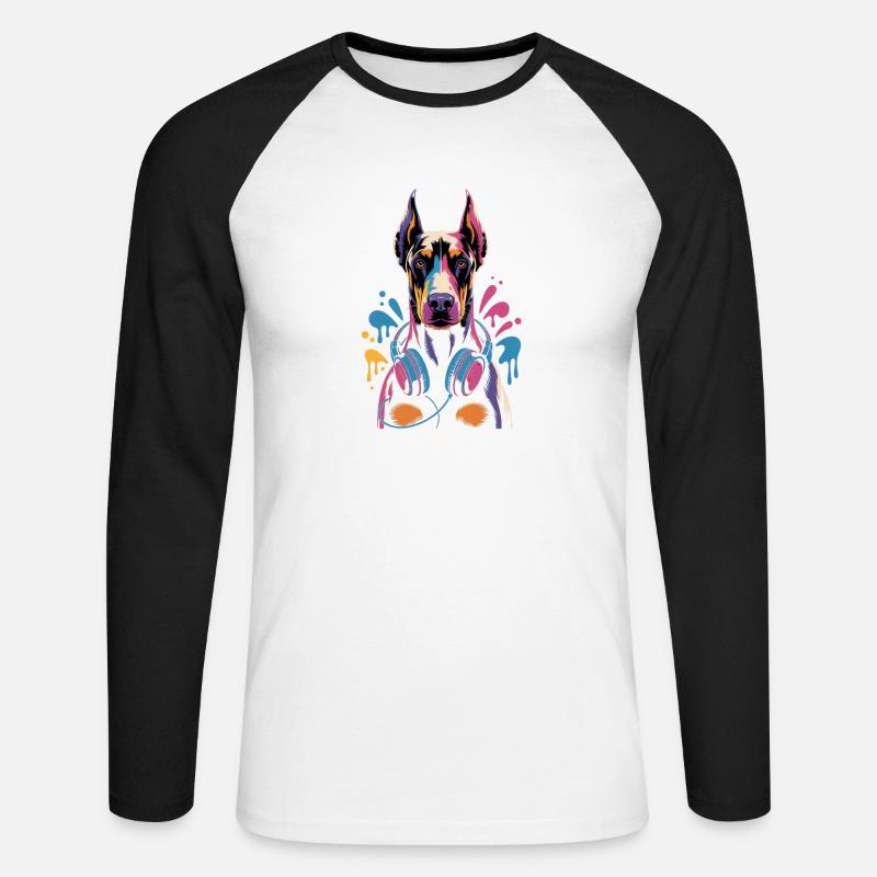 Dobermann mit Kopfhörern - Unisex Baseballshirt langarm - Weiß/Schwarz