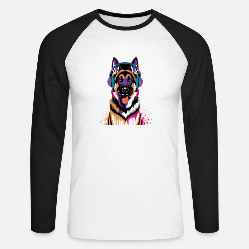 Deutscher Schäferhund mit Kopfhörer - Unisex Baseballshirt langarm - Weiß/Schwarz