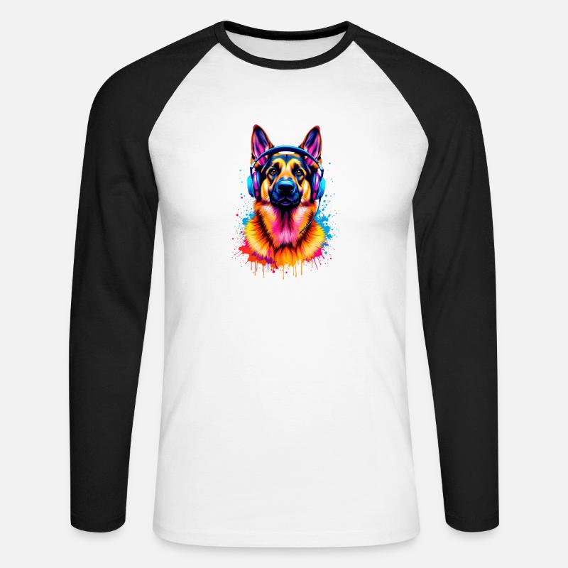 Deutscher Schäferhund mit Kopfhörern - Unisex Baseballshirt langarm - Weiß/Schwarz
