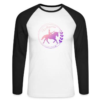 Voltigieren Mühle: Volti Pferdesport Pflichtübung - Unisex Baseballshirt langarm - Weiß/Schwarz - Vorne - Nik (191cm)