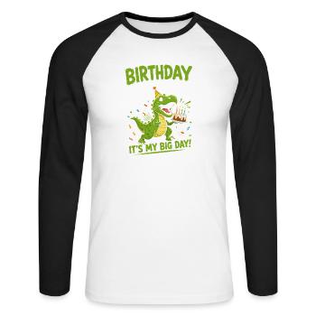 Birthday Saurus T-rex Dino Cake Party Roar - Unisex Long Sleeve Baseball T-Shirt - white/black - Front - Nik (191cm)