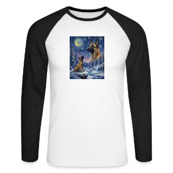 Hurlant à la Lune Mème Chien Belge Malinois - T-shirt baseball manches longues Homme - blanc/noir - Devant - Nik (191cm)
