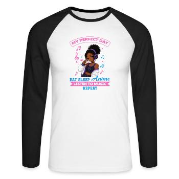 Anime and Music Chibi Black Girl - Unisex Baseballshirt langarm - Weiß/Schwarz - Vorne - Nik (191cm)