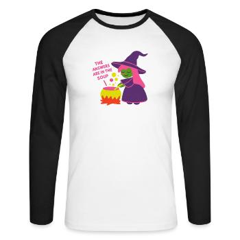 Die Antworten sind in der Suppe - Unisex Baseballshirt langarm - Weiß/Schwarz - Vorne - Nik (191cm)